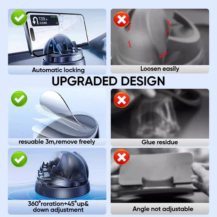 Dashboard phone mount featuring automatic clamping and 360° rotation for optimal viewing.