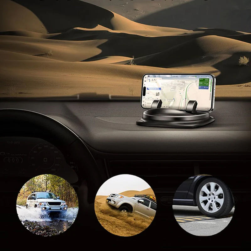 Vehicle phone mount with an automatic clamping mechanism and 360-degree swivel for easy use.