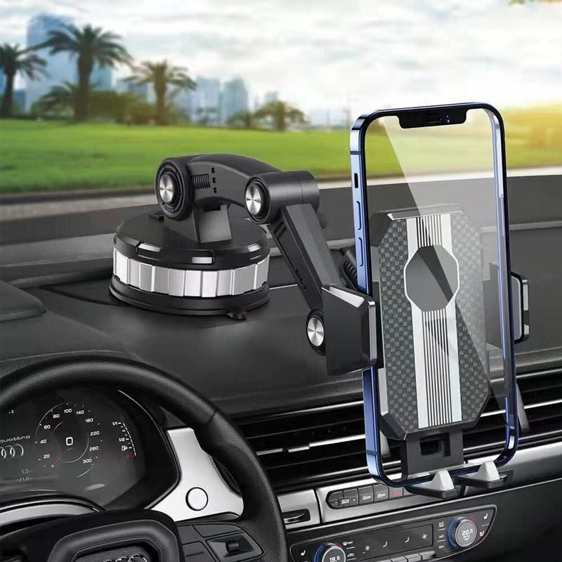 Universal car phone mount with strong suction cup for dashboard or windshield, adjustable arm.