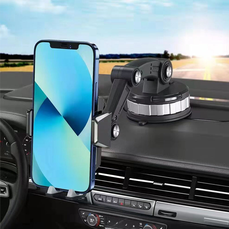 Black automotive phone holder with powerful suction, 360-degree rotation for optimal viewing.