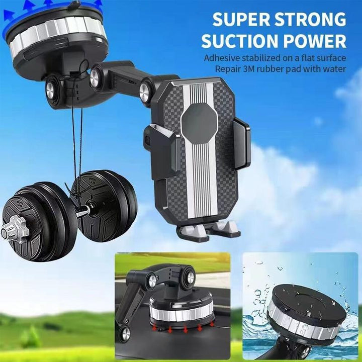 Adjustable car phone holder with strong suction base, perfect for any vehicle's dashboard.