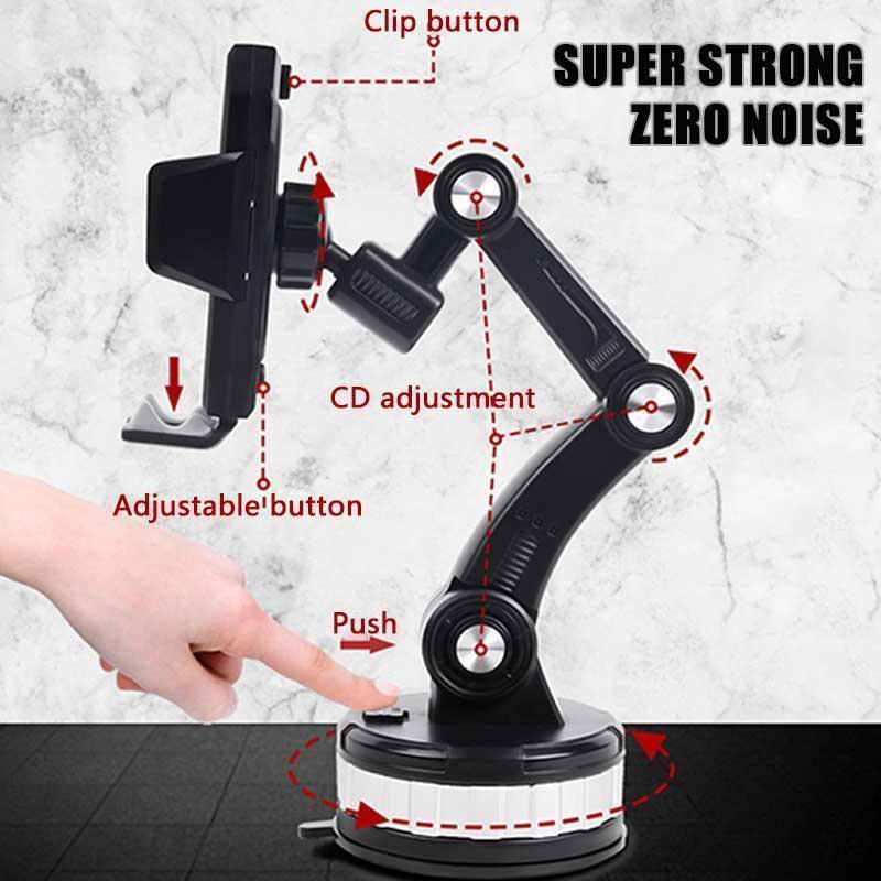 Hands-free car phone mount, universal design with powerful suction and full adjustability.