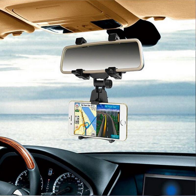 Universal car rear view mirror phone holder for smartphones - top view, secure grip