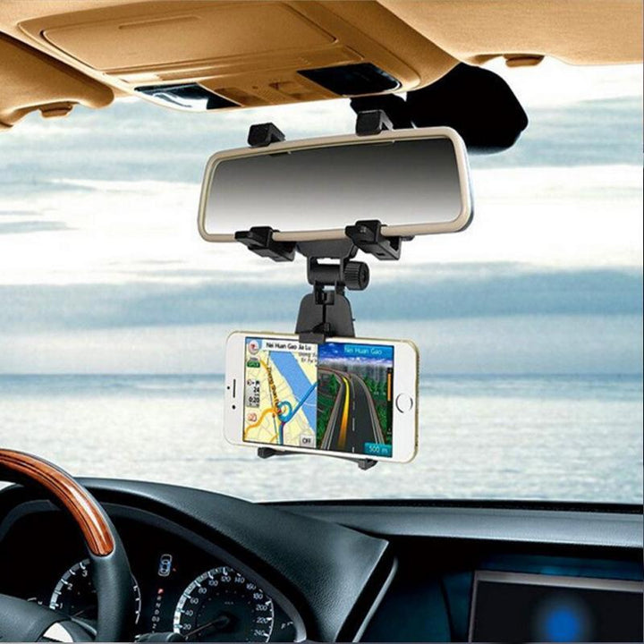 Universal car rear view mirror phone holder for smartphones - top view, secure grip