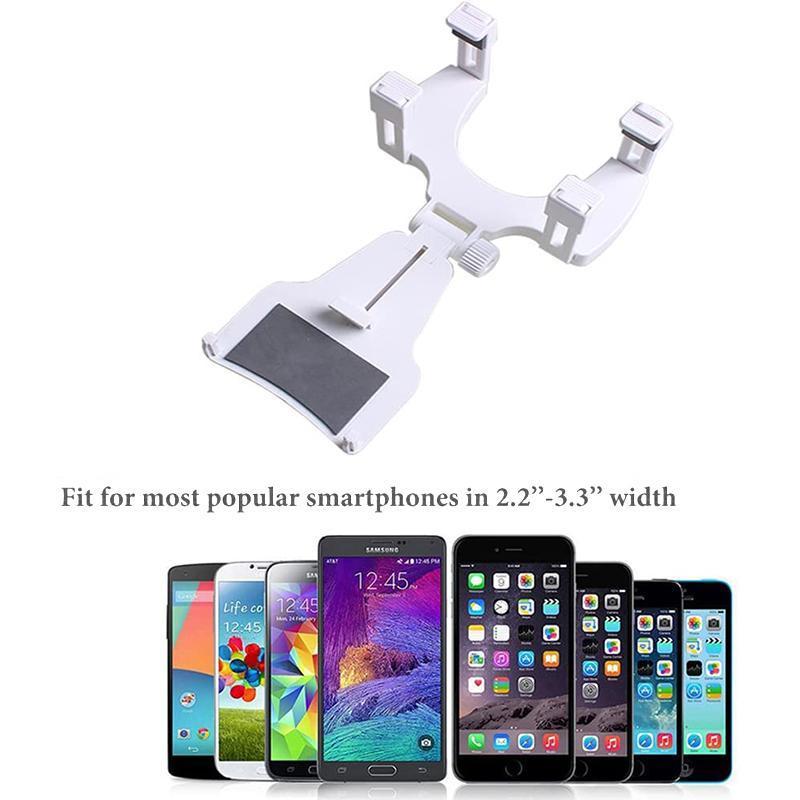 Rear view mirror phone holder for cars, universal design gripping all smartphone sizes