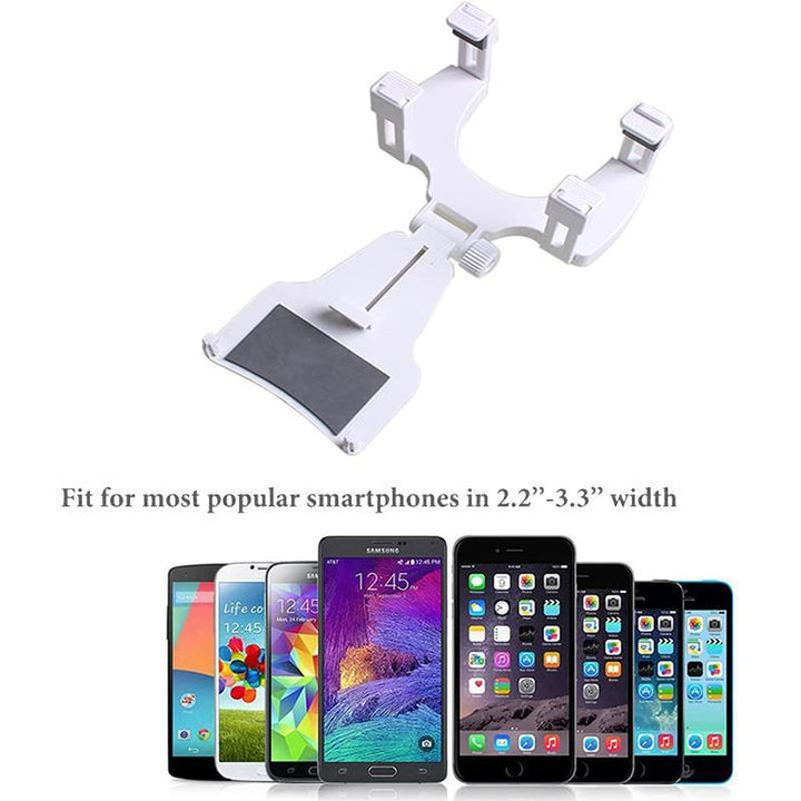 Rear view mirror phone holder for cars, universal design gripping all smartphone sizes