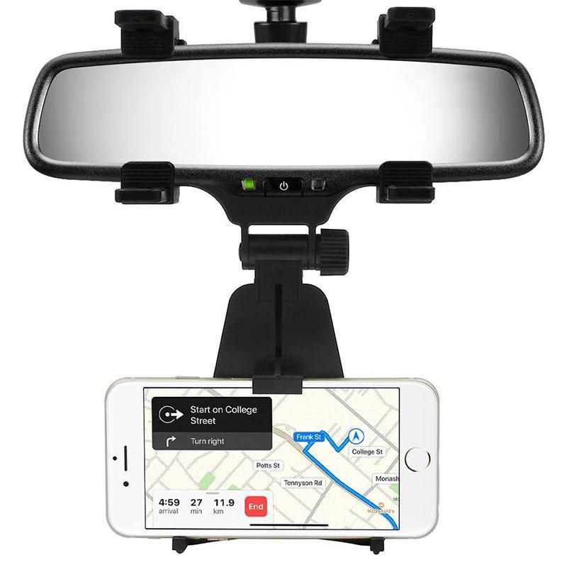 Secure universal car phone mount attached to a rear view mirror, showing articulated arm