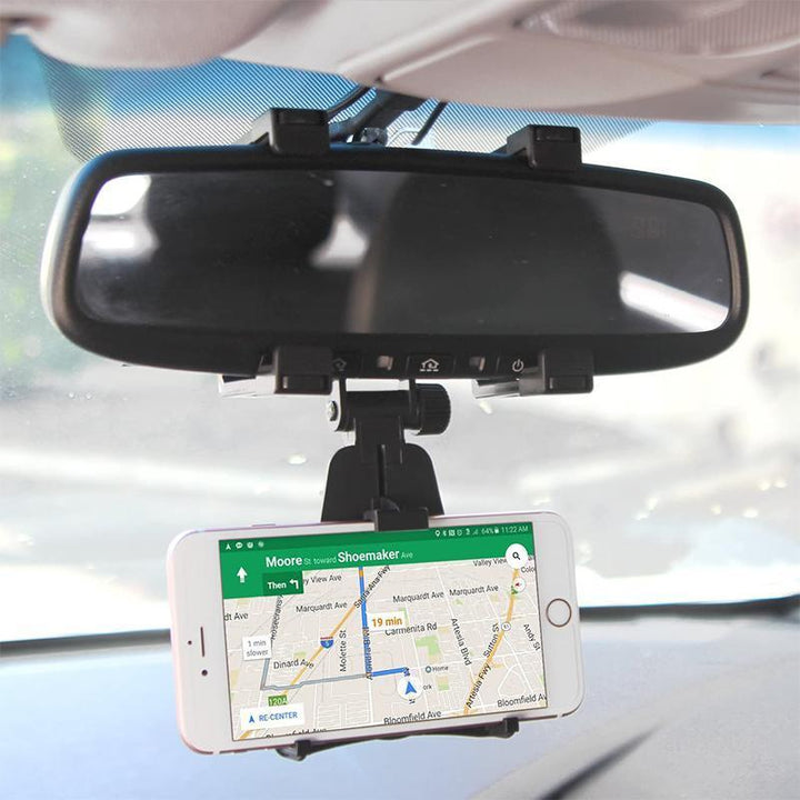 Vehicle rear view mirror phone holder for smartphones, ensuring clear road visibility