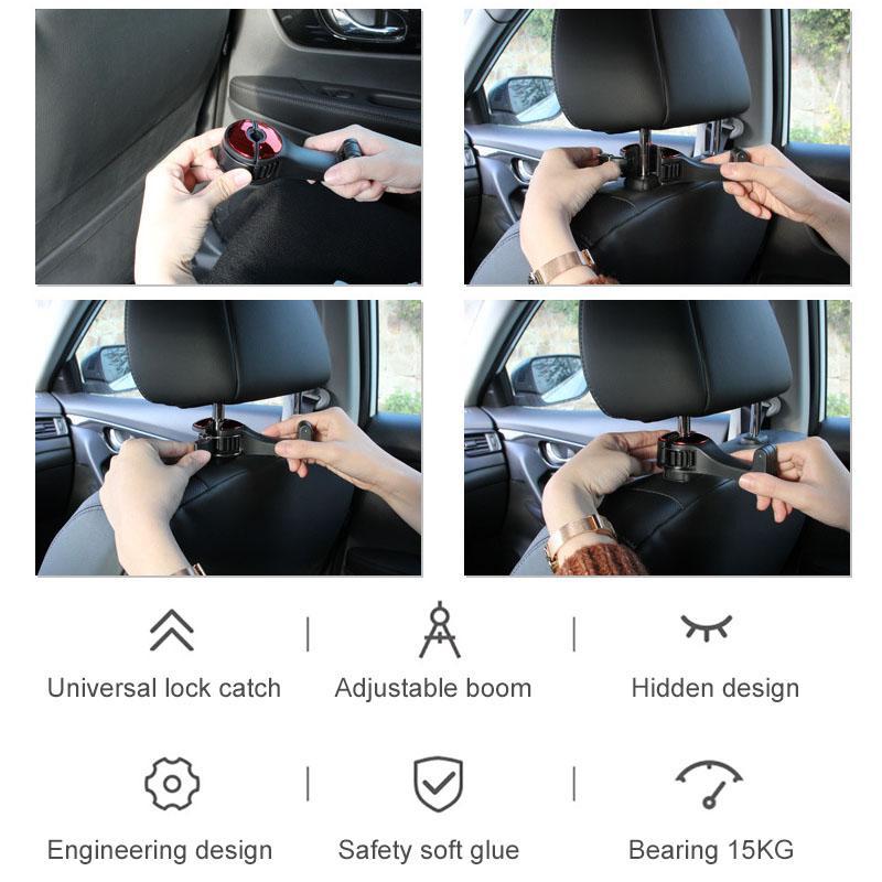 Durable car seat headrest hook, 360° rotational feature for easy access, improves auto interior