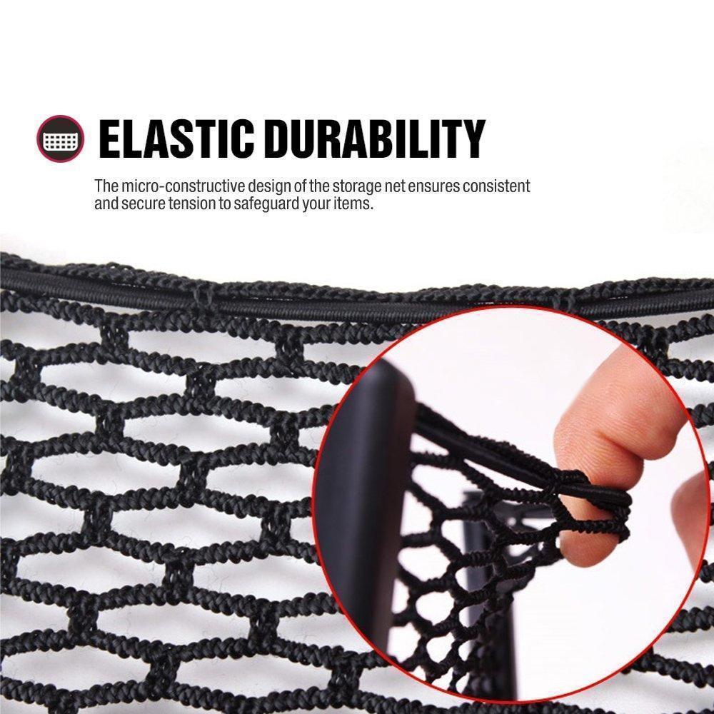 Car door storage net for phones and small items, a practical vehicle tidy and auto accessory.