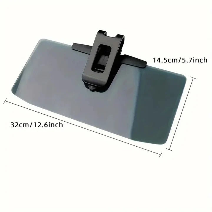 Universal fit car sun visor extender, a polarized glare shield driving aid for vehicle comfort & safety.