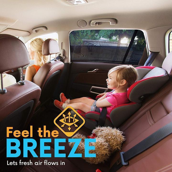 Close-up of mesh fabric car window sun shade, showing UV protection capability, auto accessory