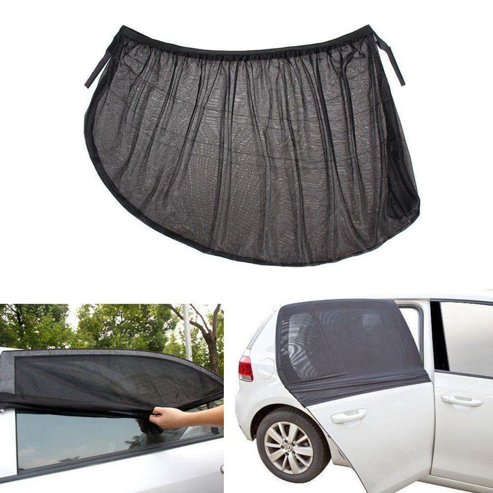Children in car with sun shades on windows for UV protection & glare reduction, family travel