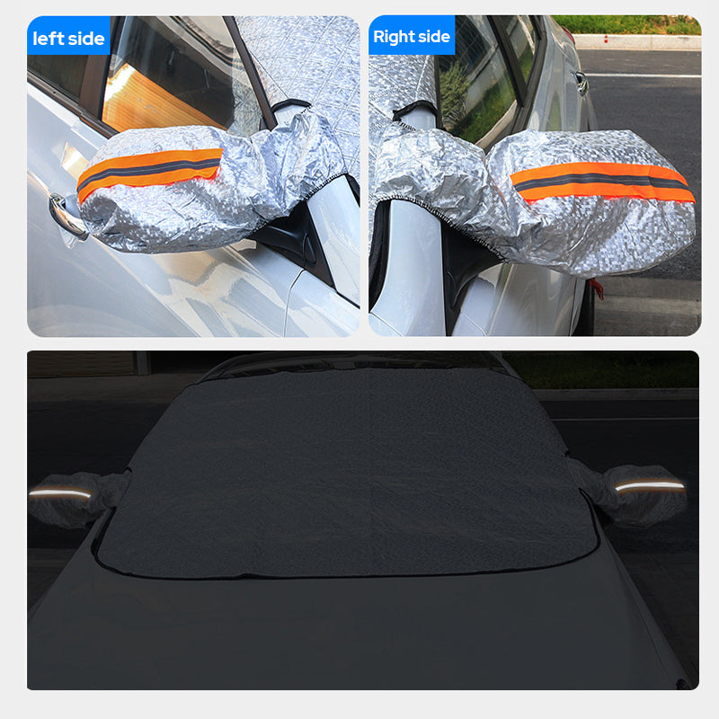 Frost guard windshield cover preventing ice buildup on a sedan's front glass
