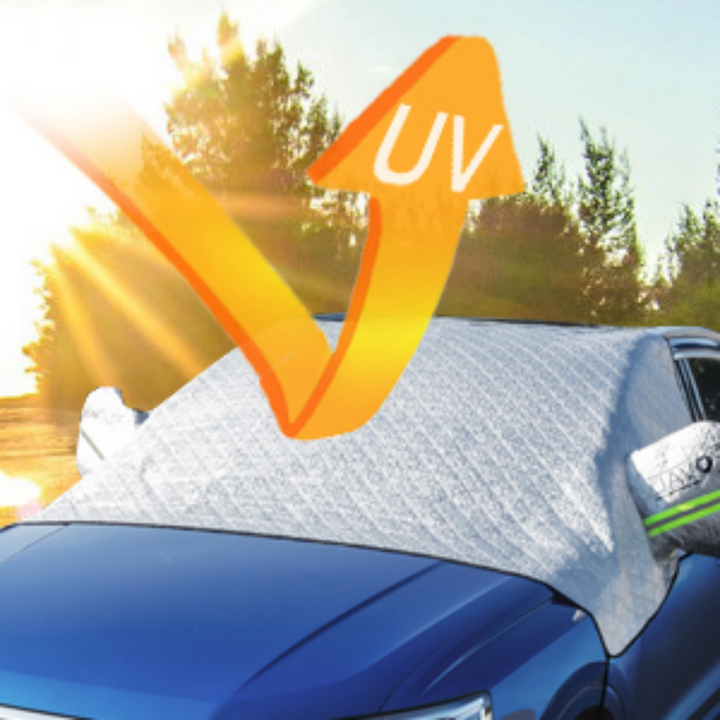 Weather protection universal car windshield cover on a parked car