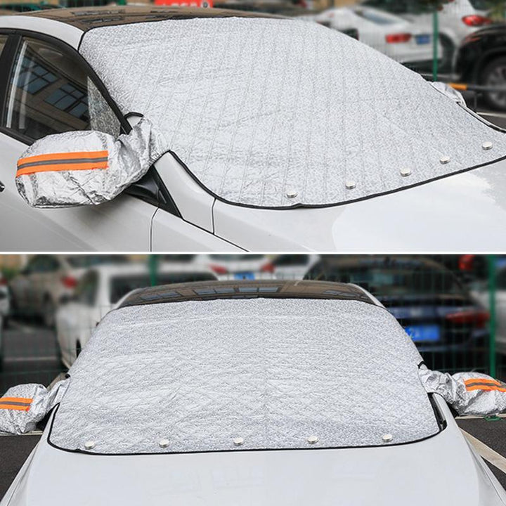 Car care universal windshield cover with anti-theft flaps in use