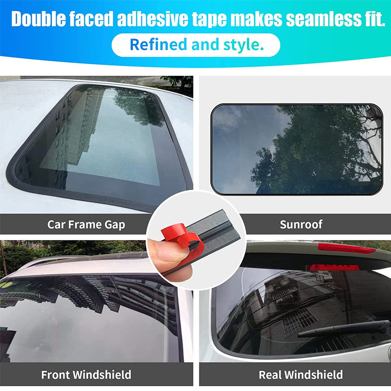 Car windshield edge with newly installed black seal strip, demonstrating noise reduction
