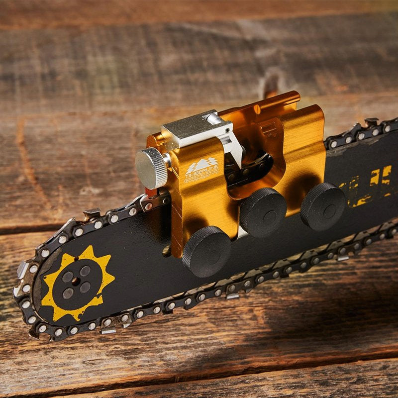 Universal chainsaw chain sharpening jig for precise angle grinding of saw blades.