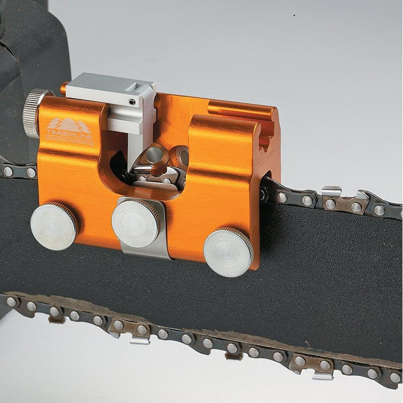 Ergonomic chainsaw sharpening jig with a comfortable handle for easy garden tool maintenance.