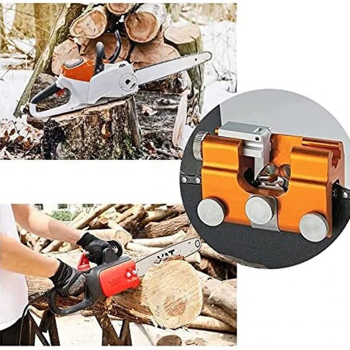 Chainsaw chain sharpening jig used on a workbench, demonstrating woodworking tool efficiency.