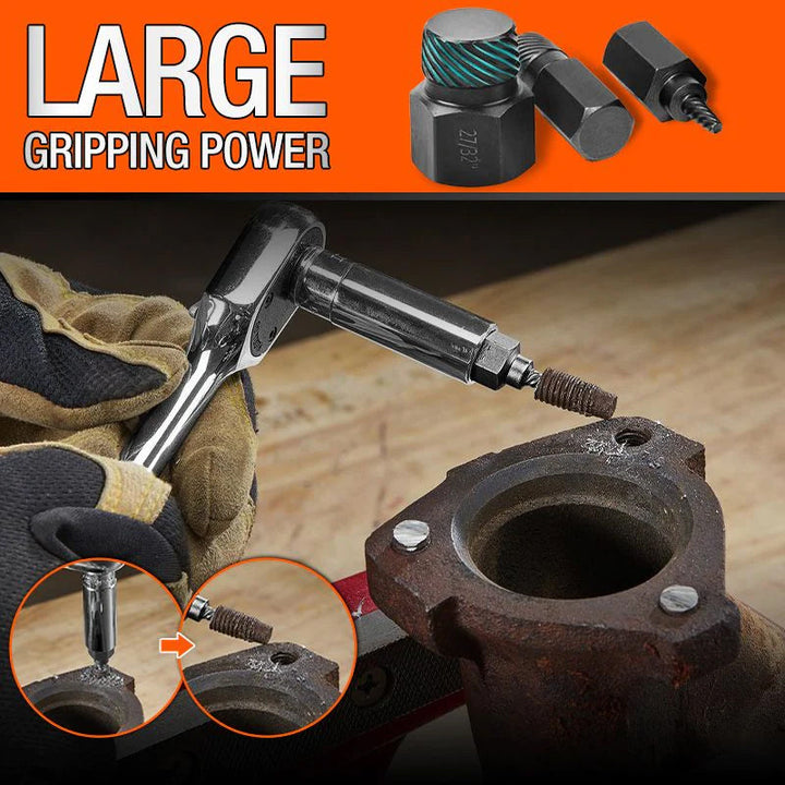 Applying a damaged screw extractor to a stripped bolt on a metal surface, showing its use