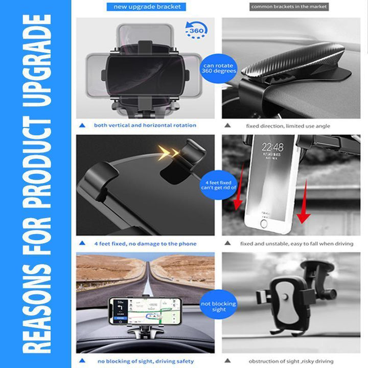 Automotive phone accessory: universal dashboard mount with rotatable features and contact number.