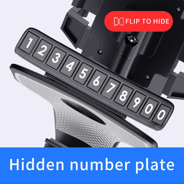 Universal rotatable dashboard phone mount, strong grip, and integrated temporary parking number.