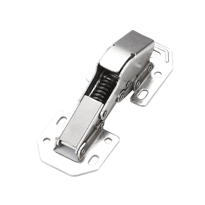Universal drill-free cabinet hinges in a kitchen setting, smoothly closing a cabinet door