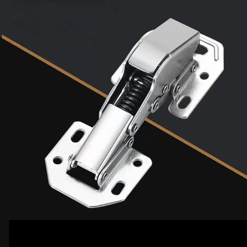 Close-up of universal drill-free cabinet door hinge in open position, showing silent close mechanism