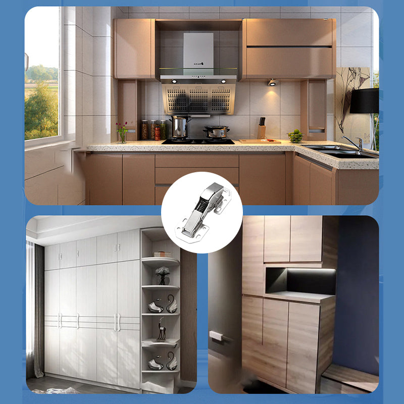 Universal drill-free cabinet door hinges with silent close feature, enhancing kitchen accessories