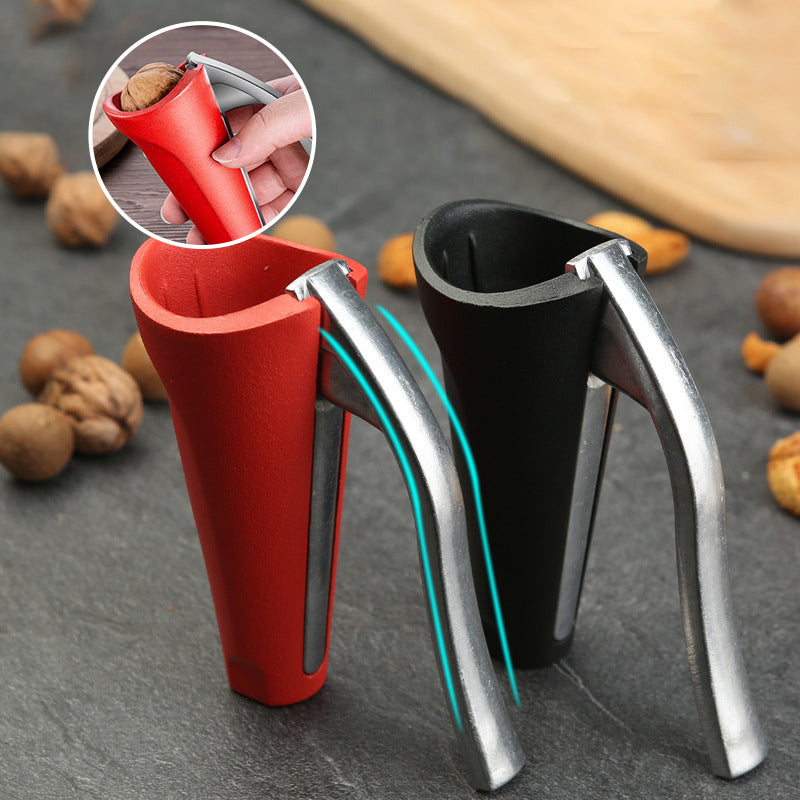 Side profile of the ergonomic nut cracker, illustrating its robust build and practical design.