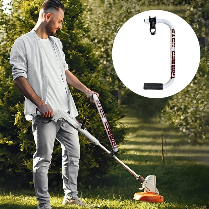 Close-up of ergonomic trimmer handle extension enhancing garden tool control