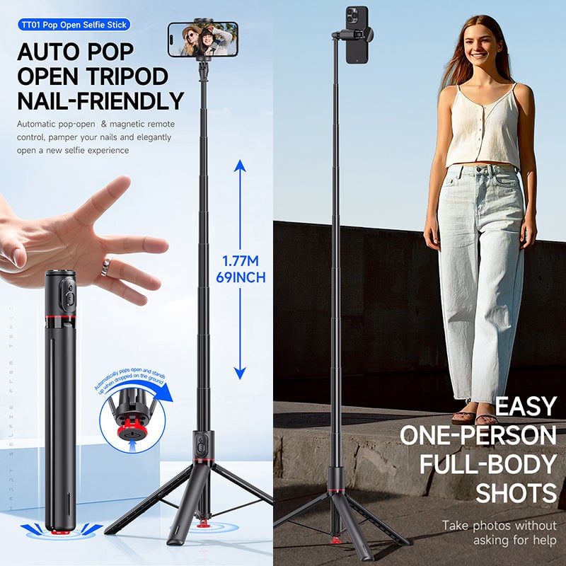 Universal extendable Bluetooth selfie stick tripod for smartphones, compact & portable travel accessory