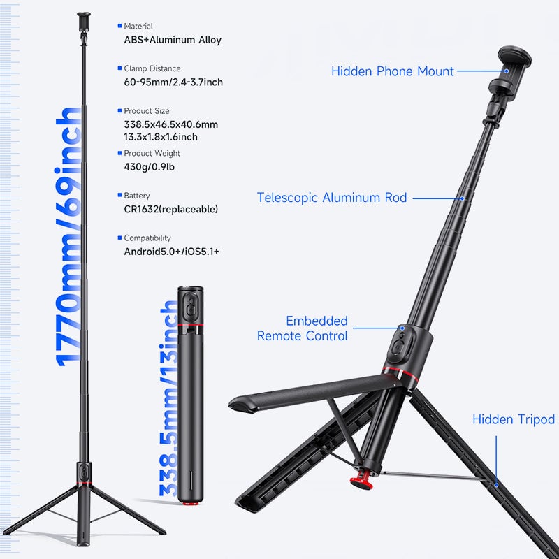 Portable Bluetooth selfie stick tripod collapsed, ready for travel and easy carrying, camera accessory