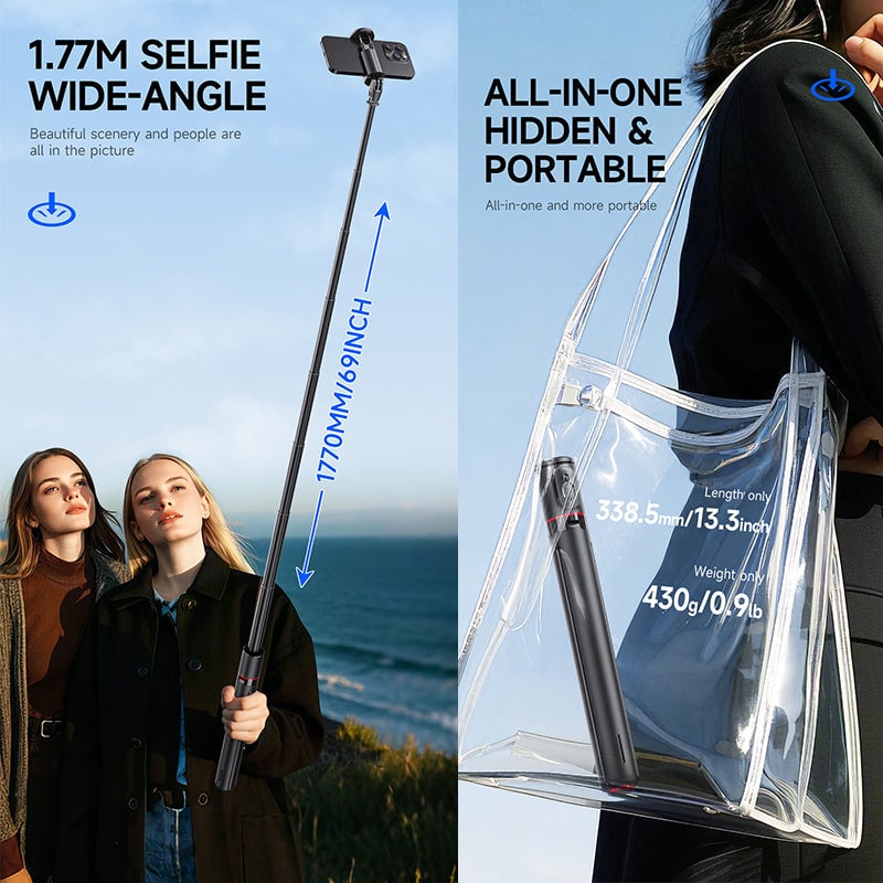 Selfie stick tripod showing Bluetooth remote control detaching for convenient smartphone operation