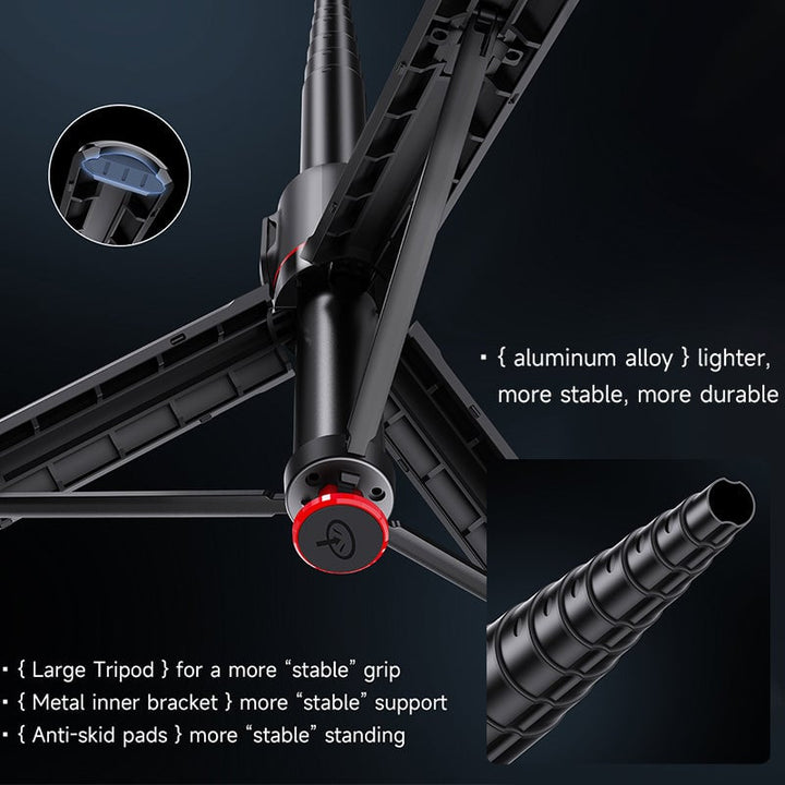 Smartphone mounted on an extendable Bluetooth selfie stick tripod, demonstrating full extension