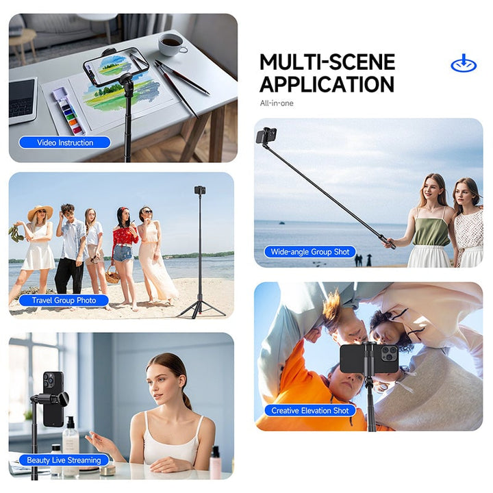 Compact universal selfie stick tripod with integrated Bluetooth remote, ideal for mobile photography