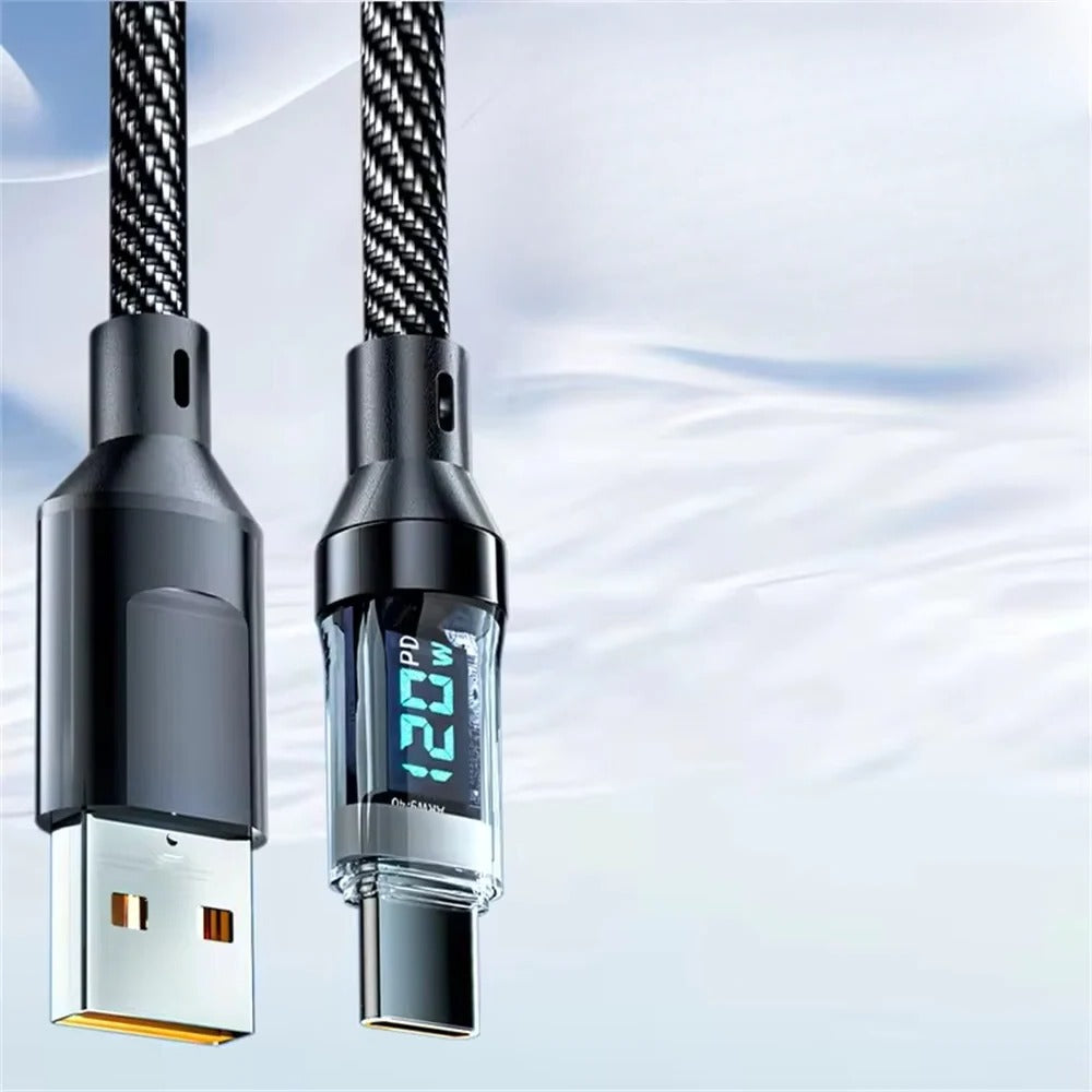 High-speed USB-C & USB-A fast charging cable with power display. Durable for phones, tablets, laptops & data transfer.