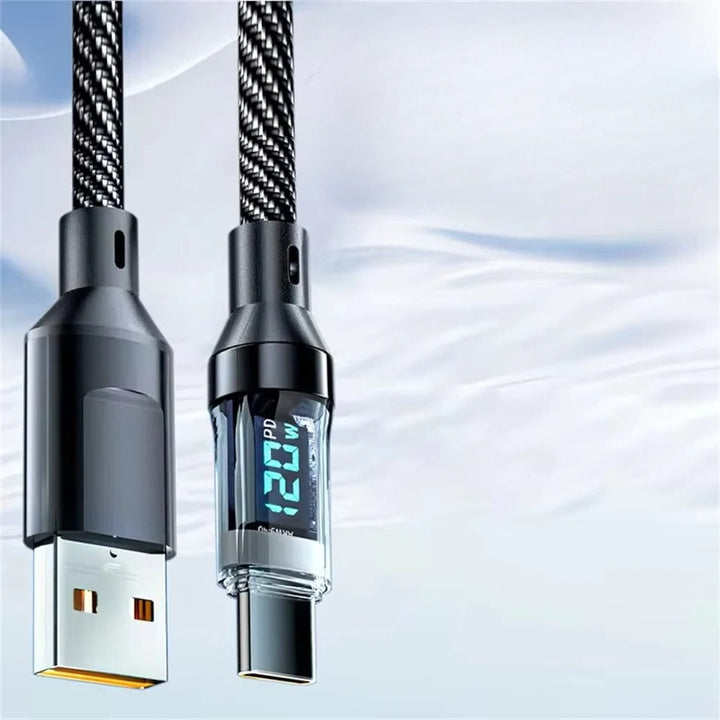 High-speed USB-C & USB-A fast charging cable with power display. Durable for phones, tablets, laptops & data transfer.