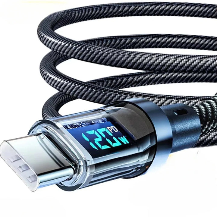 Durable fast charging cable with LED display. USB-C/A for phones, tablets & laptops. Supports power & data transfer.