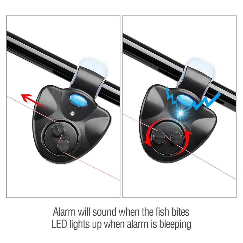 Durable fishing bite alarm for outdoor use, featuring an LED light and audible alert for easy detection.