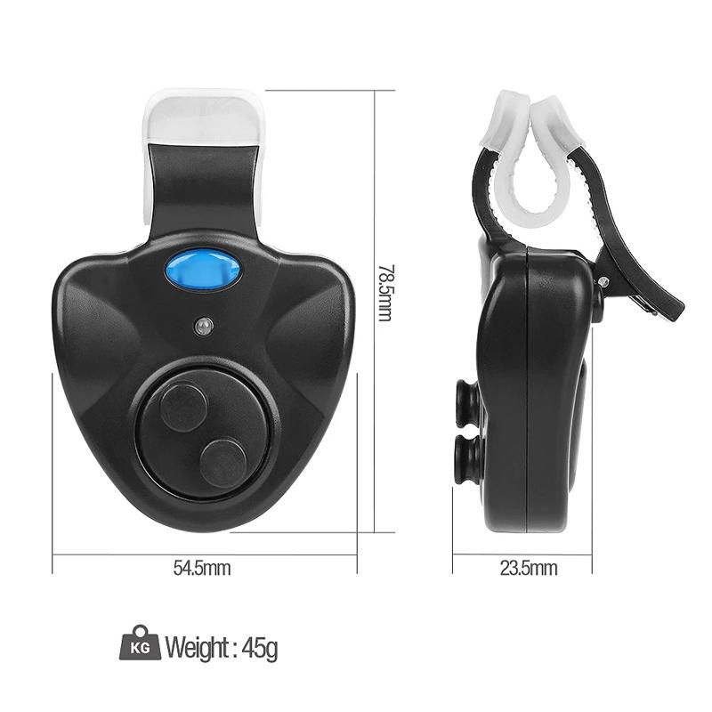 Universal fishing alarm with bright LED, loud sound alert, and secure clip for effective bite indication.