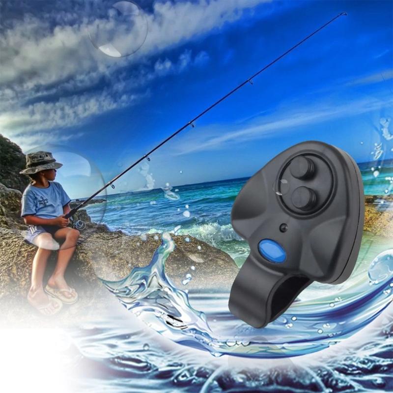 Sportfishing alarm with LED and sound alert, universal design compatible with most fishing poles.