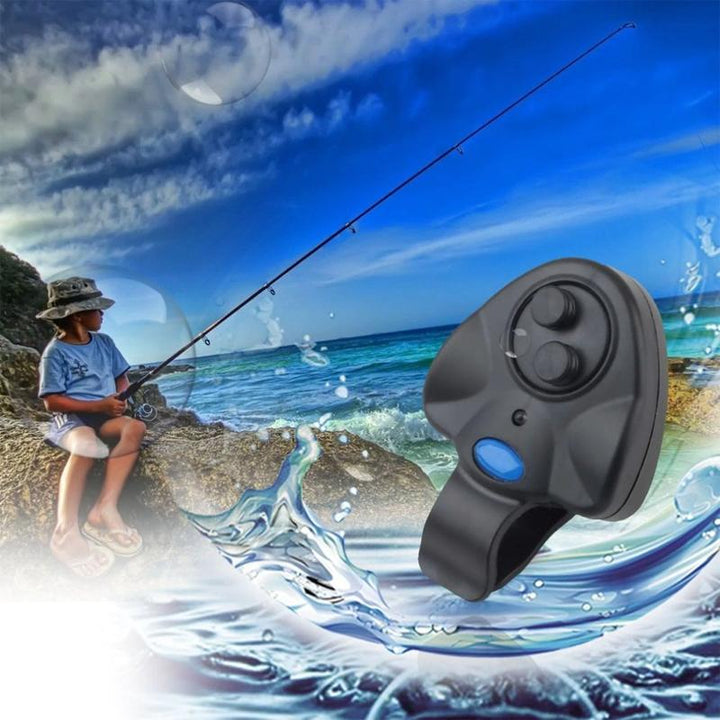 Sportfishing alarm with LED and sound alert, universal design compatible with most fishing poles.