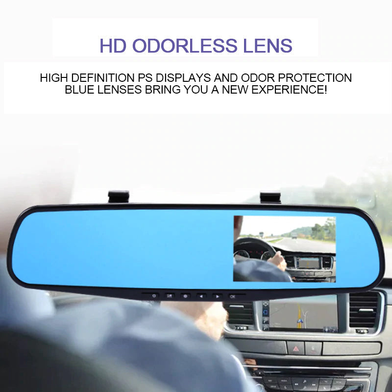 Dashboard camera with auto accessories, capturing a clear road ahead
