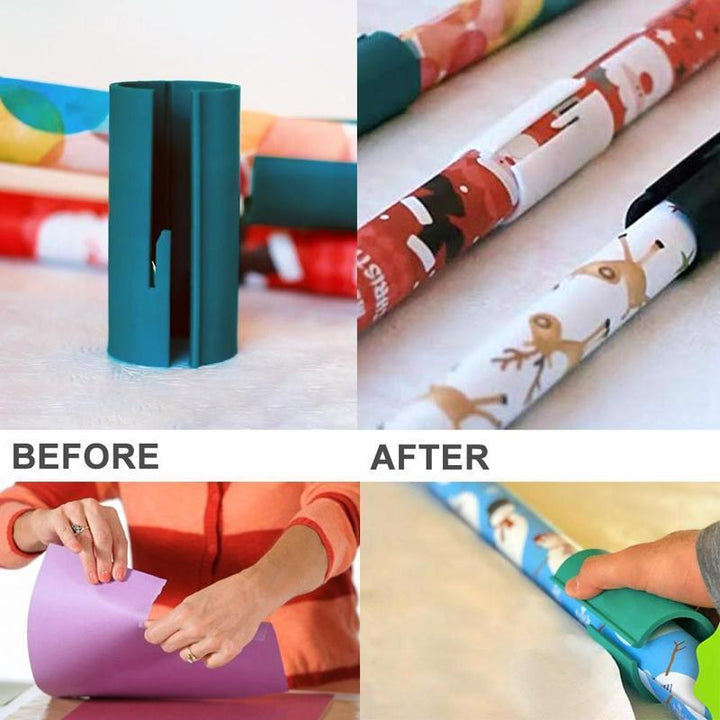 Innovative gift wrapping cutter for easy, straight cuts on rolls of paper, essential holiday tool