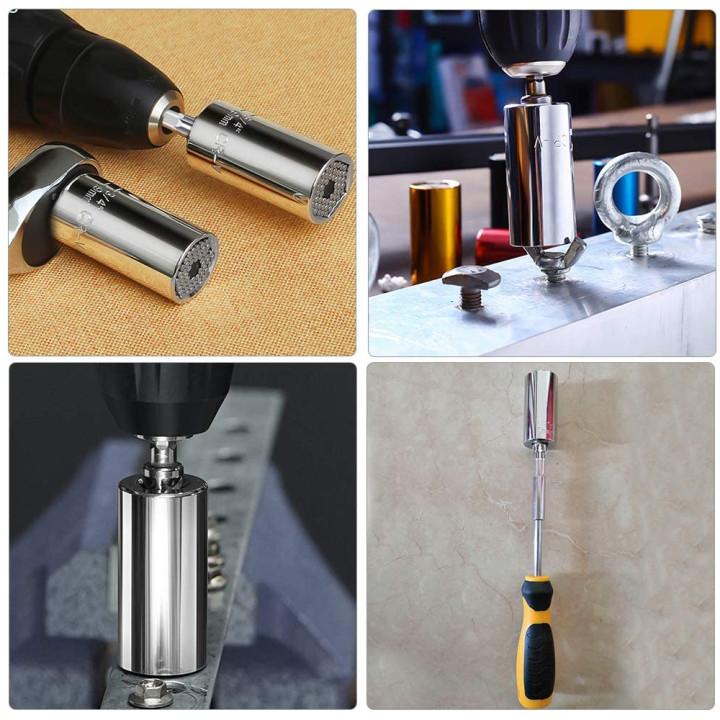 Compact universal grip socket wrench and drill adapter for automotive and home repairs