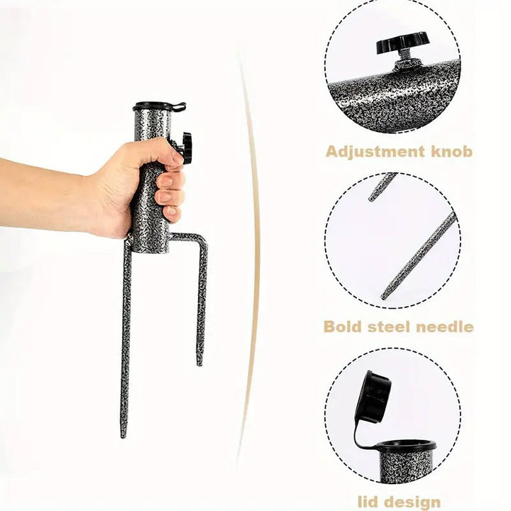 Adjustable heavy-duty ground anchor umbrella holder for garden or outdoor use, close-up.