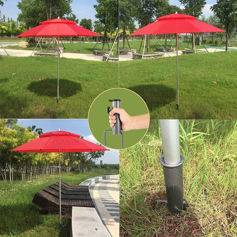 Outdoor gear: Ground anchor umbrella holder with spiral base for firm beach sand grip.