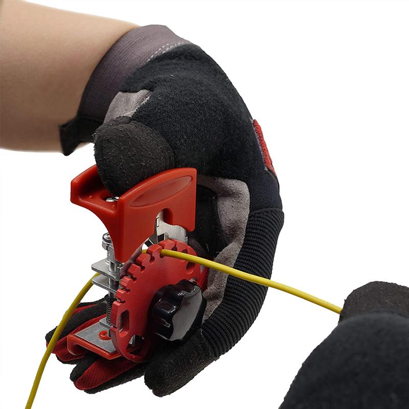 Close-up of universal quick wire stripper tool, showing sharp blades and comfortable grip for electricians